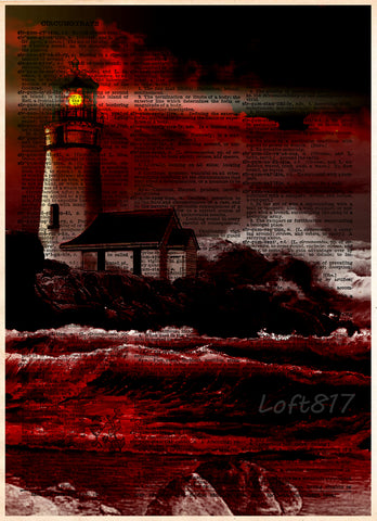 Lighthouse on cliff, creepy light house, red and black art, nautical decor