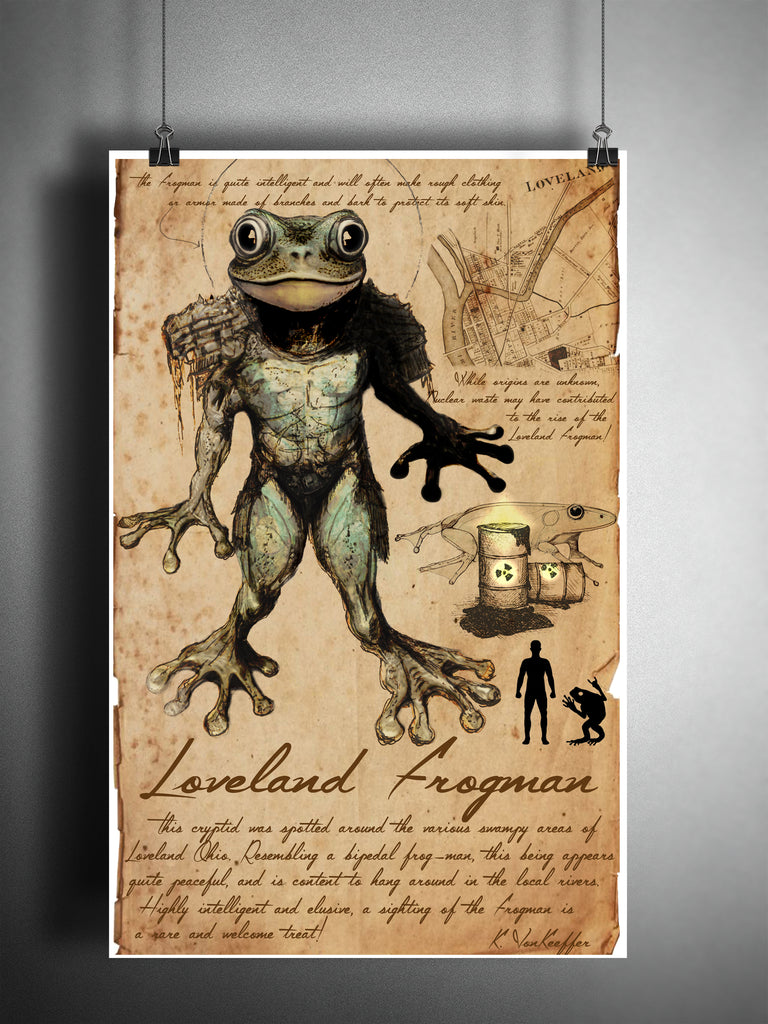 urban legend monsters Loveland Frogman art, urban legend bestiary cryptozoology science journal art, monsters and folklore,