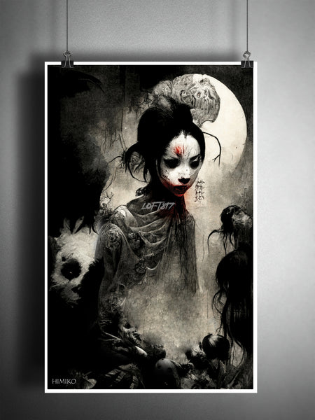 Himiko, spooky japanese horror art, beautiful geisha vampire queen