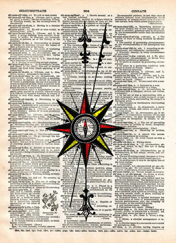 Compass rose, Nautical art print,  vintage dictionary page book art print -  - 1