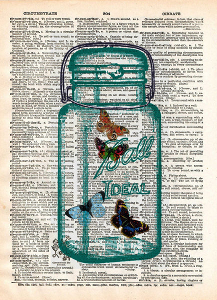 Butterflies dictionary art print, buterflies in mason jar, book page art -  - 1