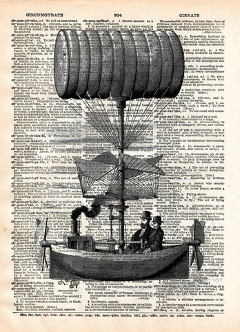 Steampunk steamship is the latest victorian technology, vintage illustration on dictionary page book art print -  - 1