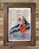 Beach art, vintage swimwear, women riding fish, dictionary art -  - 2