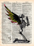 Creepy skeleton, Fallen Angel art, winged skeleton fairy, death angel, creepy art,  vintage dictionary page book art print -  - 1
