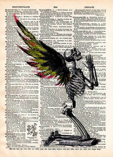 Creepy skeleton, Fallen Angel art, winged skeleton fairy, death angel, creepy art,  vintage dictionary page book art print -  - 1