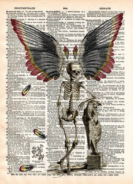 Dark Fairy, skeleton fairy, skeleton oddity, dictionary page book art print -  - 1