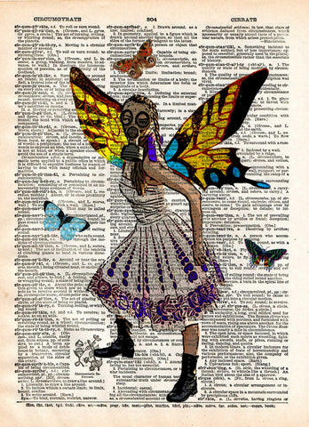 Gasmask girl, Butterfly princess in gasmask, steampunk art,  dictionary page book art print -  - 1