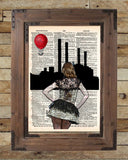 Steampunk art, girl with red balloon, sexy stockings, retro vintage dictionary page art print -  - 2