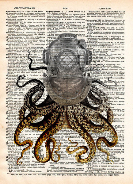 Octopus art,  diving helmet, victorian steampunk, lovecraft octopus, dictionary page art print -  - 1