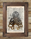 Octopus art,  diving helmet, victorian steampunk, lovecraft octopus, dictionary page art print -  - 2