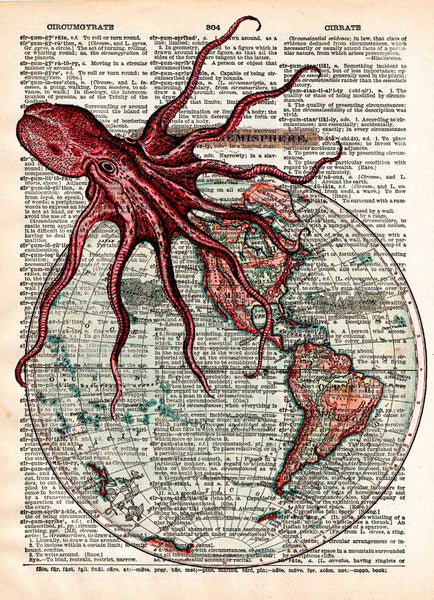 Octopus art, world map, victorian steampunk,  lovecraft octopus, dictionary page art print -  - 1