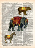 Childrens room art print, circus animals, elephant, bear, zebra vintage dictionary page art print -  - 1
