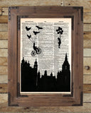 Victorian skyline, girl with balloon, birds, retro vintage dictionary page art print -  - 3