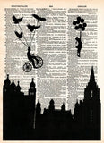 Victorian skyline, girl with balloon, birds, retro vintage dictionary page art print -  - 1