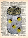 Firefly art, mason jar artfireflies in mason jar, childrens art,  vintage dictionary art print -  - 1