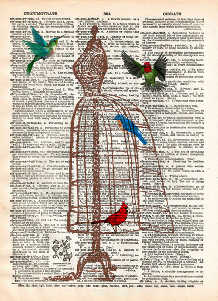 Dress form birdcage, hummingbird art, vintage dictionary page art print -  - 1