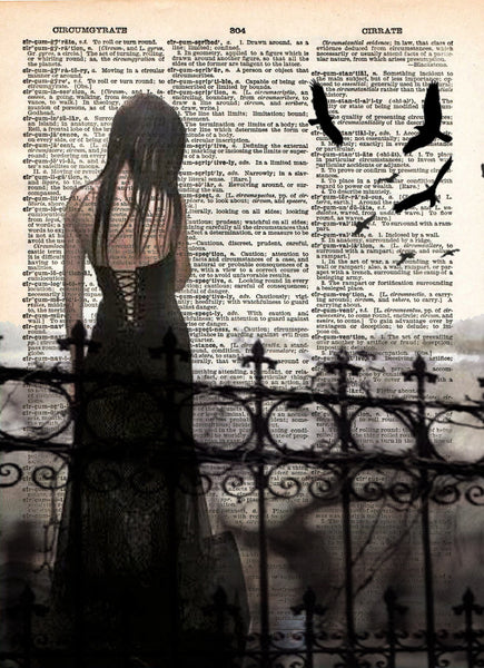 Sad Vampire girl, Halloween art, beautiful creepy girl, cemetery, vintage dictionary page art print -  - 1