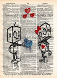 Robot love, cute robot art print, vintage dictionary page art -  - 1