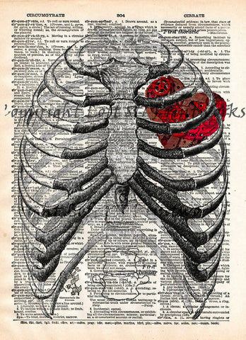 Steampunk clockwork heart, vintage anatomy ribcage, dictionary page book art print -  - 1