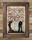 Kissing under a cherry blossom tree, falling in love romantic art print, dictionary art print -  - 2