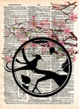 Cherry blossom art, japanese bird silhouette print, dictionary page art -  - 1