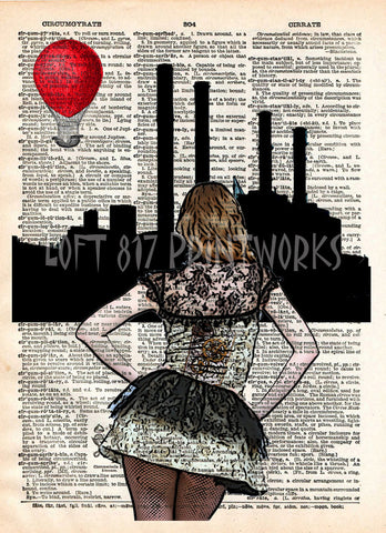 Steampunk art, girl with red balloon, sexy stockings, retro vintage dictionary page art print -  - 1