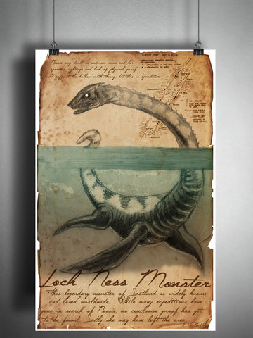 Loch Ness Monster, Nessie folklore art, bestiary journal art, monsters and cryptids
