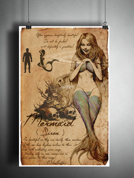 Mermaid cryptid art, bestiary cryptozoology science journal art, monsters and folklore