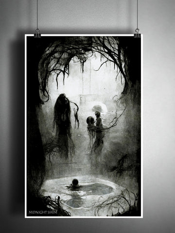 Midnight swim, ghosty aquatic horror art, creepy nightmare Digital charcoal artwork