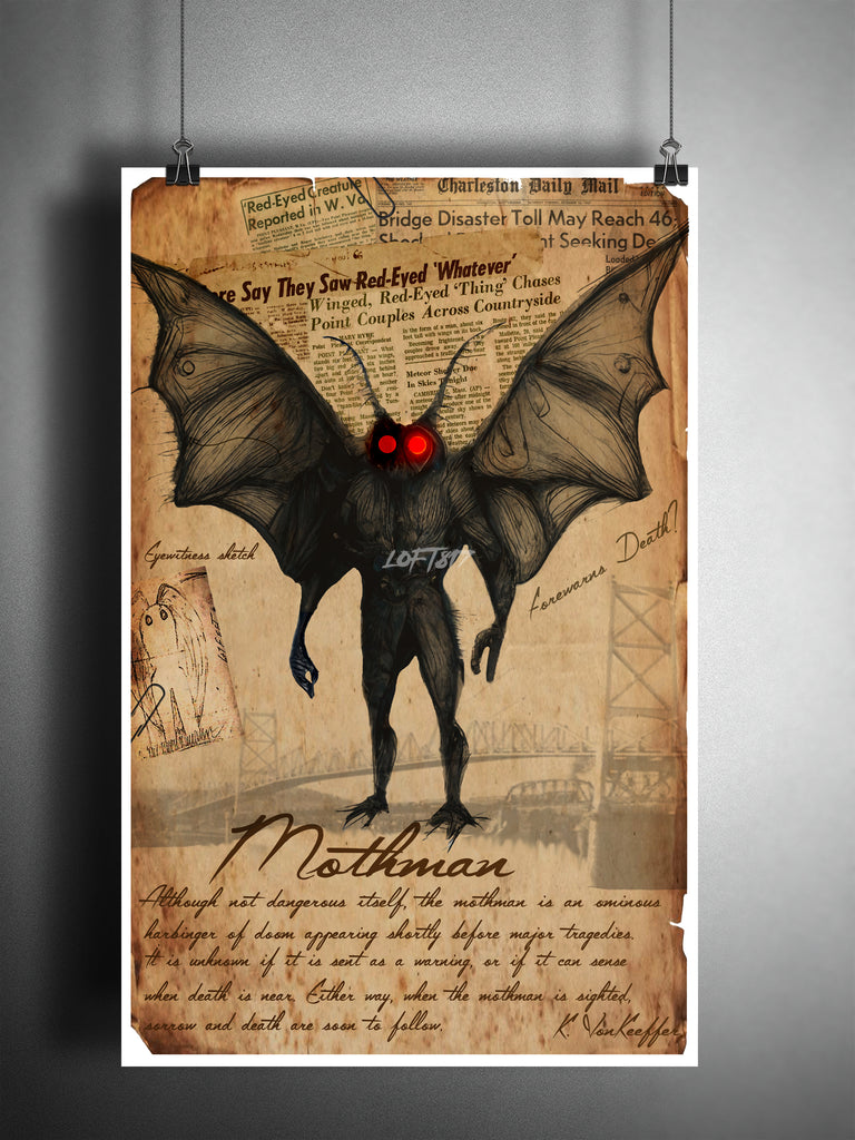 urban legend monsters Mothman cryptid art, urban legend bestiary cryptozoology science journal art, monsters and folklore,