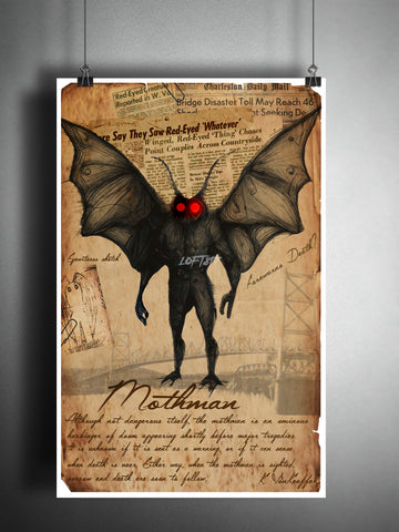 Mothman cryptid art, urban legend bestiary cryptozoology science journal art, monsters and folklore,