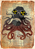 Steampunk octopus with gas mask, weird steampunk art print