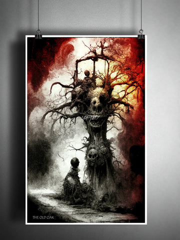 The Old Oak Tree, spooky haunted old tree, horror art, creepy nighmare artwork