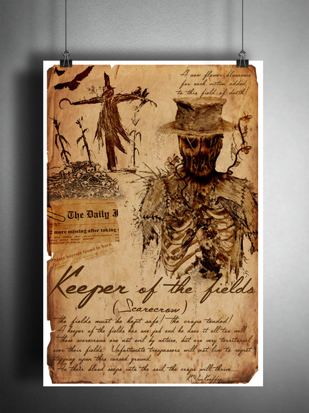 Scarecrow cryptid art, urban legend bestiary, science journal art, monsters and folklore, haunted heartland