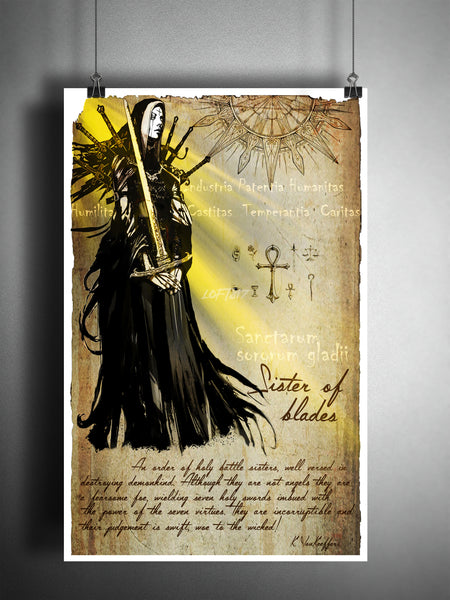 Sister of blades art, heaven and hell art  grimoire page, holy warrior nun