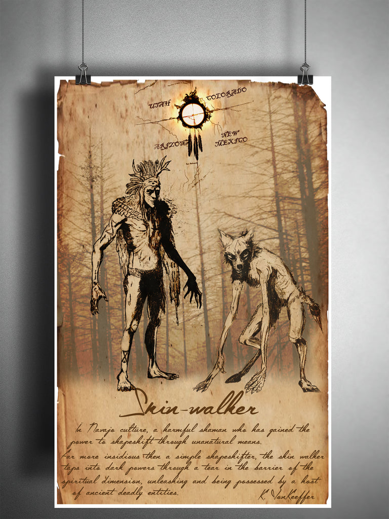 Skinwalker Navajo shapeshifter cryptid art, urban legend bestiary  cryptozoology science journal art, monsters and folklore,