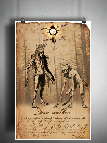 Skinwalker Navajo shapeshifter cryptid art, urban legend bestiary cryptozoology science journal art, monsters and folklore,