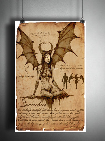 Succubus sexy devil girl cryptid art, bestiary cryptozoology science journal art, monsters and folklore