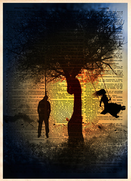 Hanged man and girl on tree swing, creepy horror art