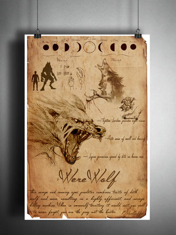 Werewolf cryptid art, urban legend bestiary cryptozoology science journal art, monsters and folklore,